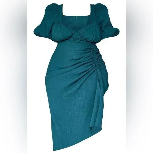 Prettylittlething EMERALD GREEN PUFF SLEEVE RUCHED SIDE SPLIT MIDI DRESS